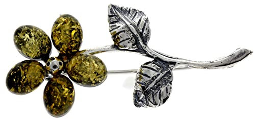 Broche en forme de fleur en ambre de la Baltique véritable et argent sterling – 4015, Argent sterling, Ambre