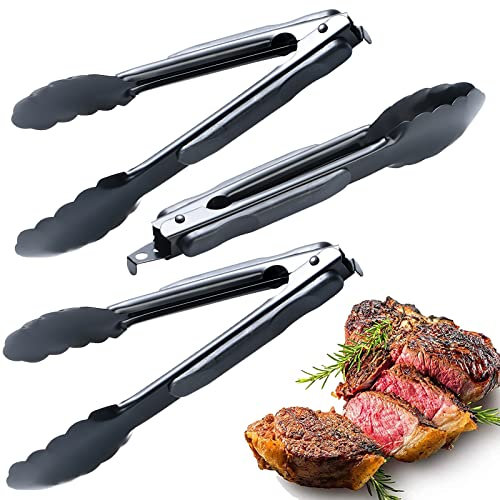 Symeton Grillzange aus Edelstahl, 3er Set,23 cm lang, Schwarz Mehrzweckzange, Wurstzange, Servierzange, Küchenzange mit Sicherungsclip, Rutschfest und Hitzebeständig, Profi Grillzubehör mit Garantie
