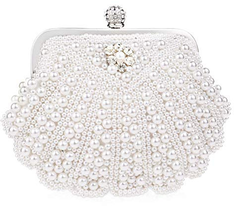 NICOLE&DORIS Imitat Perle der Frauen Bördelte Harte Fallkupplungstasche,Hochzeit Handtasche Abschlussball Beutel Geldbeutel des Dameabends Weiß L