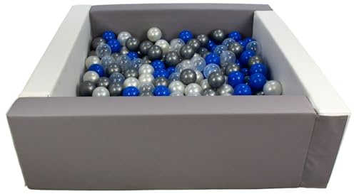 Velinda Piscine à balles carrée avec 300 balles, Cuir écologique, 5 éléments (Couleur de la Piscine/de balles: Blanc, Gris/Perle, Transparent, Bleu, Argent)