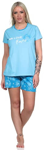 Normann Floraler Damen Shorty Schlafanzug kurz mit Schriftzug, Farbe:hellblau, Größe:40-42