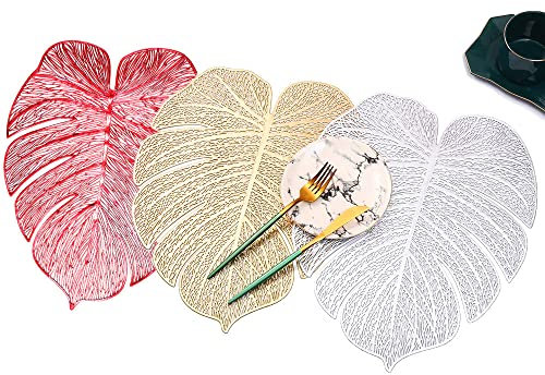 12x Tovagliette Centrini Natalizi Rossi, Sottopiatti Natalizi in PVC, Set di Tovagliette Natalizie Tonde FOGLIE Decorazione tavola Natale 39x50 cm lavabili riutilizzabili (Oro)