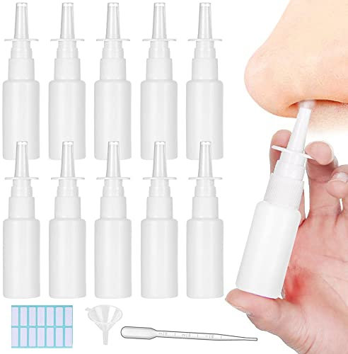 SKYPRO Nachfüllbare Nasensprühflaschen mit Pipette, Trichter und Etiketten, 20 ml, weiß, Kunststoff, vielseitig einsetzbar, Zerstäuber, Make-up, Wasserbehälter für Reisen und Außenbereich, 10 Stück