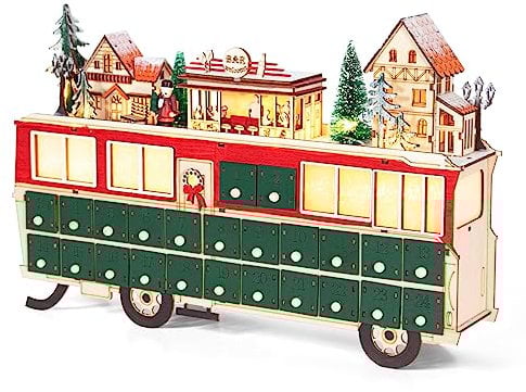 Todeco Adventskalender aus Holz Weihnachts-Adventskalender mit 24 Zugkästen, mit LED, Weihnachtskalender Wiederverwendbarer, mit 24 Türchen, Kinder weihnachtliche Holz Dekoration, 43 x 8,5 x 28 cm