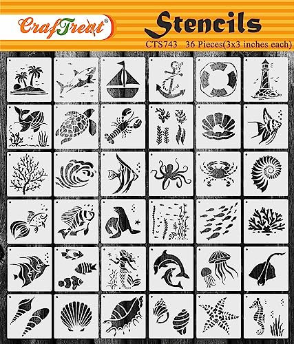 CrafTreat Meerestiere-Set (36 Stück) 3x3 Schablonen zum Malen auf Holz, Wand, Fliesen, Leinwand, Papier, Stoff und Bodenschablone, wiederverwendbare DIY-Kunsthandwerksschablonen