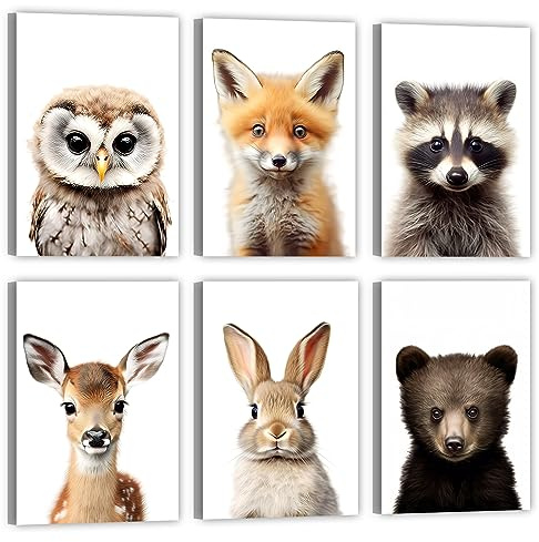 LZIMU Baby Safari Tiere Kinderzimmer Bild auf Leinwand 6 Stück niedliche Eule Fuchs Waschbär Hirsch Kaninchen Bär Poster Leinwand Bild Wanddekoration (Gerahmt, 30.00x45.00cms x6)