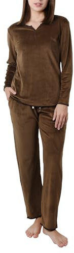 OCCIENTEC Pigiama da Donna in Pile, Set da 2 Pigiama con Top a Maniche Lunghe e Pantaloni, Pigiama Donna Caldo Inverno Marrone,XL