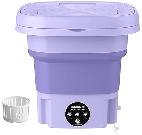 Tragbare Waschmaschine 8L Mini Faltbare Waschmaschine mit Abtropfkorb, Automatische Desinfektionswaschmaschine für Unterwäsche, Socken, Babykleidung, Reisen, Camping, RV, Wohnheim, Wohnung, Lila