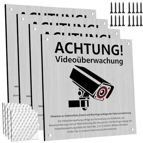 4 Stück Schild Videoüberwachung Mit DSGVO Hinweis,15x15 cm Schild Videoüberwachung Privatgrundstück Kameraüberwachung Achtung Mit Selbstklebend