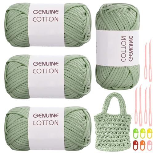 RANJIMA Hellgrünes Garn, 4 Stück Einfach Garn, Häkelgarn für Anfänger, Gut Sichtbare Maschen Garns Zum Häkeln mit Häkelzubehör, Baumwoll-Nylon-Garns für Kleidung, Decken, Taschen, Pullover