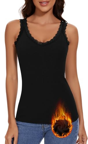 WOWENY V neck Ladies Thermal Vest Lace Camisole tops for Women Warm Underwear Sleeveless Winter Ribbed Base Layer