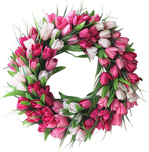 20Inch Artificial Tulip Wreath Pink and White Tulip Front Door Wreath Farmhouse Summer Spring Fall Floral Wreath for Outdoor Indoor Wedding Wall Windows(#1)