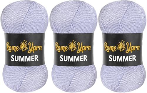 Rome Yarn Summer Filato | Effetto Seta | 100 g / 350 m | 100% Microfibra | Filato Acrilico Anti-Pilling per Maglia, Uncinetto, Arte e Fai-da-Te (3 Gomitoli, 714 Lilla chiaro)