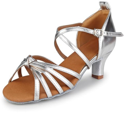 PADGENE Chaussures de Danse à Semelle Molle en Satin pour Femmes, à Talons Hauts Chaussures de Danse pour Jazz/Latin/National Mark/Rumba/Cha Cha, M - Argent - 5cm, 36 EU