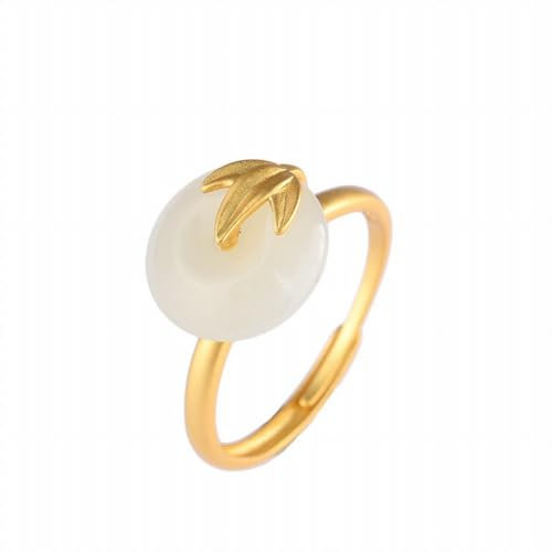 SUNYUHUI Vintage Palast Bambus Knoten und Blatt Handwerk Sicherheit Schnalle Ring, Ring, Jade und Stein Schmuck, Golden
