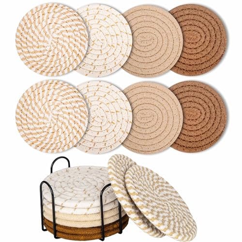 TOOINKCV 8 Pz Sottobicchieri per Bicchieri, Sottobicchieri Rotondi per Bicchieri, Sottobicchieri per Tazza con Porta, Sottobicchieri per Bevande, Sottobicchieri Antiscivolo in Cotone Intrecciato