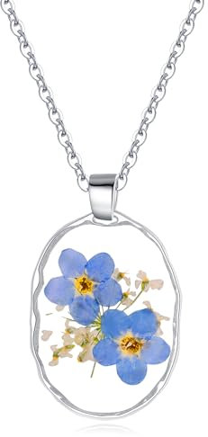 Collier de fleurs pressées à pendentif ovale Myosotis | Bijoux Myosotis | Cadeau de bijoux de fleurs séchées pour Plant Lady | Colliers faits à la main pour femmes | 45CM