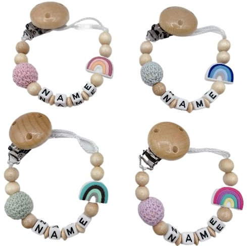 personalisiertes Babygeschenk mit Namen Schnulliband Schnullikette Regenbogen in Lila/Rosa/Mint & Blau Baby Namenskette für Mädchen oder Junge