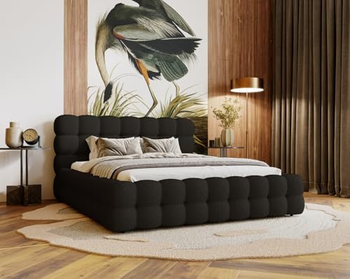 Emporius Doppelbett 200x200 Parlas Bis - Schaumstoff, Design Bett - Polsterbett mit Lattenrost, Kopfteil, Bettkasten - Bouclé Stoff (Schwarz - Anthology 19)