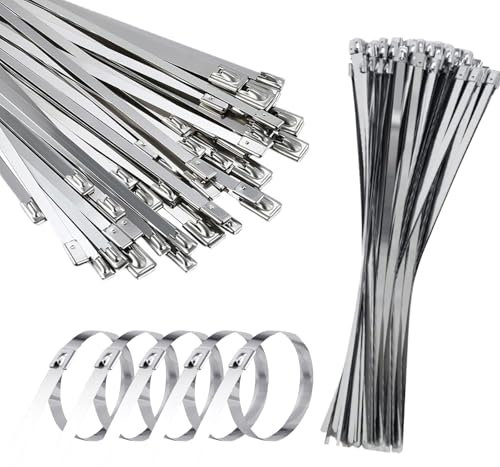 Lot de 100 serre-câbles en acier inoxydable - 300 x 10 mm - Avec résistance à la traction de 125 kg - Avec fonction de verrouillage - Pour regroupement de câbles, entretien du jardin (300 x 10 mm)