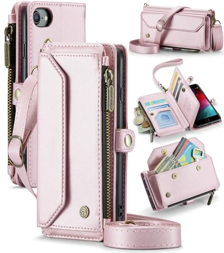 UFinetech Crossbody Wallet Case Hülle für iPhone 6/7/8, für iPhone SE (2./3. Gen) Hülle - RFID-Blockierung, Kabelloses Laden, Stoßschutz, Verstellbarer Gurt, Kartenfächer, PU-Leder, Ständer, Rosa