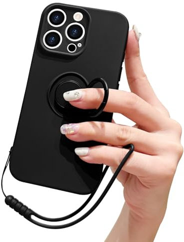 Pepmune Compatible avec iPhone 16 Pro Max Coque en Silicone Liquide avec Anneau de Support Béquille Support De Voiture Magnétique Dragonne Détachable Housse De Protection Souple Antichoc-Noir
