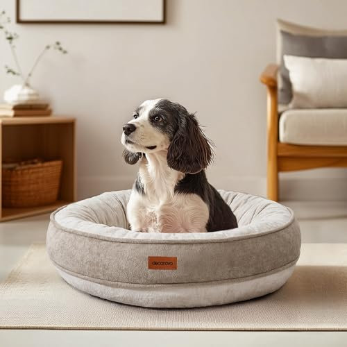Deconovo orthopädisches Hundebett für kleine Hunde Ø 51 cm Hundekissen Donut Kissen Hundekorb Waschbar Hundematte Rund Flauschiges Katzenbett abnehmbar Hundesofa, 51x51x15cm, Khaki
