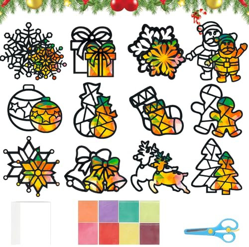 Fensterbilder Bastelset,12 Stück Bastelset Fensterbilder Weihnachten,Fensterbilder Weihnachten Basteln,Fensterbilder Weihnachten Kinder Basteln,Weihnachten Basteln Kinder,Weihnachtsbasteln Kinder