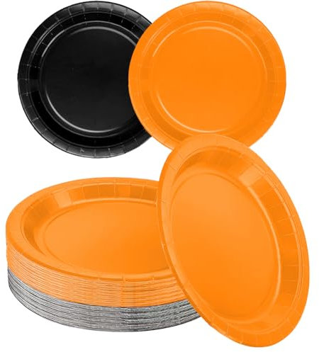 Amcrate Paper Dinner Plates Black Orange, 9 Inches Paper Plates Disposable, Strong and Sturdy Disposable Plates for Halloween Party, Dinner, Holiday, Picnic, or Travel Party Plates, Pack of 100