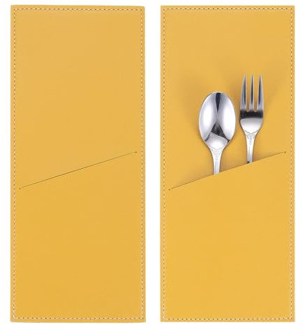 sourcing map 2 Pcs Leather Cutlery Sleeve Silverware Utensil Holders Knife and Fork Bag Pouch Flatware Storage Sleeves for Dinner Table Home Kitchen Table Decoration, Yellow