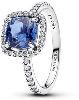 PANDORA Damenring Silber Funkelndes Quadrat Blau Heiligenschein 193550C01-60 Ringgröße 60/19,1