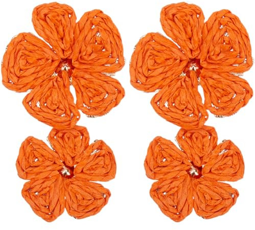 SOFPLATE Pendientes Colgantes de Flores de Rafia Pendientes de Botón de Flores Naranjas Margaritas Flores Dobles Aretes Colgantes Envueltos En Paja de Rafia Bohemios para Mujer Joyería de Declaración