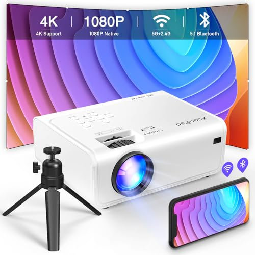 XuanPad 16000L Native 1080P WiFi Bluetooth Projector - 4K Supported, 6D/4P Keystone Correction, Outdoor & Mini Projector with Tripod for TV Stick/iOS/Android