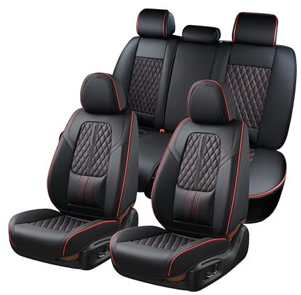 Coverado Sitzbezug Auto Set, Universal Sitzbezüge Vorne und Hinten mit Rückenlehne, Nappa Leder Autositzschutz Wasserdicht, Universell für die meisten Fahrzeuge, Schwarze&Rote Linie
