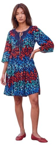 Roman Originals Smock Dress for Women UK Ladies Cotton Summer Embroidered Frilled Tiered Casual Beach Cruise Holiday Cocktail Party 3/4 Sleeve Pull On Gathered Skirt