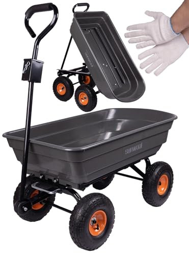 Sunwaal Gartenwagen Transportanhänger Handwagen mit Kippfunktion bis zu 300kg, Volumen 75 L, Kippwagen, Pendelachse, aufblasbare Räder