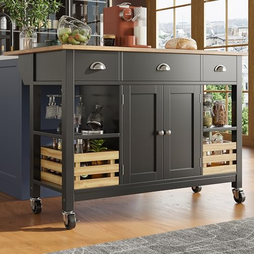 KAZZIO Moderna Isla de Cocina, Armario de Comedor Multifunción, Carrito con Cesta de Pino y Almacenamiento (Negro)