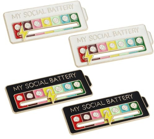 Social Battery Pins, 4 Stück Lustige Anstecker zur individuellen Ausdrucksfähigkeit, Schmuck für Damen, Ideal für Rucksäcke und Kleidung, trendy Accessoire