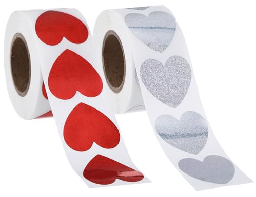 2 Rollen Herz Sticker Selbstklebend, 1000 Stück Herzaufkleber Aufkleber zum Beschriften Sticker Liebe Herzen Herzsticker Herz Aufnäher Aufkleber für Scrapbooking Handarbeiten Geburtstag (Rot, Silber)
