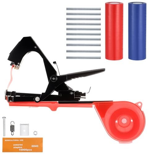 Faankiton Herramienta de Cinta de Jardín, Atadora Agricola para Atar Ramas de Plantas, Maquina para Atar Plantas, Maquina Atar Tomates, Atadora de Tomates 20 Rollos Cinta + 10000 Grapas, Rojo