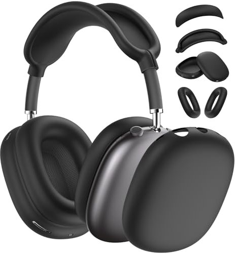 TNSNK 4 in 1 Silikon Hülle Cover für Airpods Max Kopfhörer, Kratzfest Hülle für Airpods Max Zubehör (Ohrmuschelabdeckungen/Kopfband Abdeckug/Ohrpolster Abdeckung/Oberteil-Schutz) - Schwarz