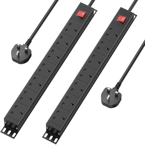 2 Pack - 7 Way Power Strip Surge Protector with Switch, Rack Mount 19inch Power Socket, Wall Mount Power Strip for Home, Office and Industrial Use, 1.8M Extension Cord, Black