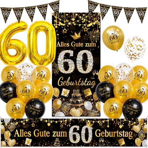 Tasoraor 60 Geburtstag Deko Männer Frauen - Schwarz Gold Alles Gute zum 60 Geburtstag Hintergrund Banner, Konfetti Ballons Wimpel und XXL Zahlen Luftballon für 60 Jahre Geburtstagsdeko