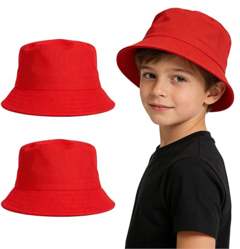 EUPSIIU Fischerhut für Kinder, Baumwolle, UV-Schutz, verstaubar, wendbar, Sonnenhut, Strandhut, für Jungen und Mädchen, Outdoor-Reisen und Spielen, Fußball, Partys, Weltbuchtag, Rot, 2 Stück