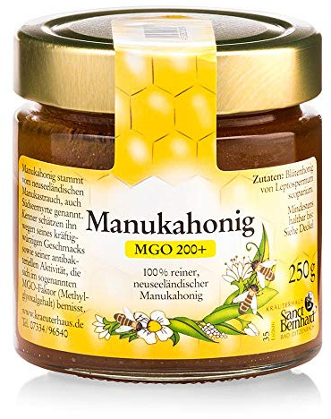 Sanct Bernhard Manuka-Honig MGO 200+ 100 % rein, aus Neuseeland, mit antibakterieller Aktivität, Inhalt 250 g