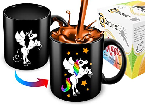 Einhorn-Tasse mit Farbwechsel, wärmewechselnde Tasse, niedliche Tasse für Damen, Mädchen, Kinder, lustige Geschenkidee für Geburtstag, Weihnachten, Halloween, 325 ml, magische Kaffeetasse, Schwarz