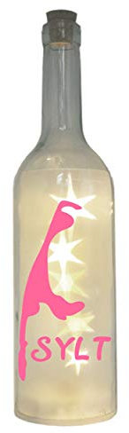 WB wohn trends LED-Flasche mit Motiv, Insel Sylt Silhouette, rosa, 29cm, Flaschen-Licht Glitzer-Flasche Leuchtflasche Lampe mit Text Spruch