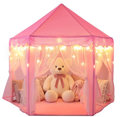 Sumbababy Princess Castle Tent for Girls Fairy Play Tents for Kids Hexagon Playhouse with Fairy Star Lights Toys for Children or Toddlers Indoor or Outdoor Games (Pink)