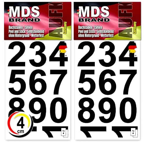 MDS Brand 4cm Zahlen Aufkleber Schwarz | Selbstklebende Klebezahlen | Vinyl Klebeziffer zum Aufkleben für Briefkasten, Büro Ordner, Hausnummer für Außen & Innen Peel (4cm, Schwarz)