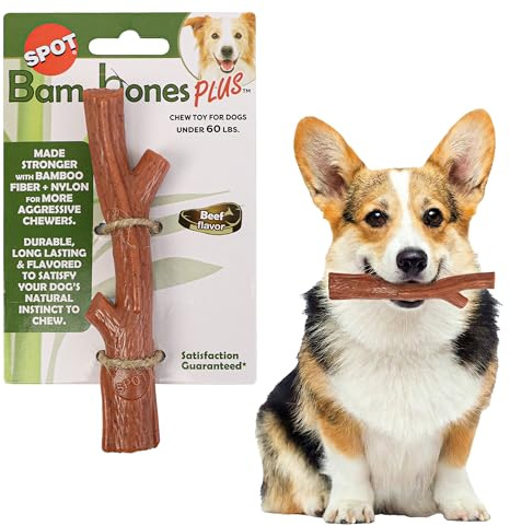 SPOT Bam-Bones Plus Branch -Bamboo Fiber & Nylon, Durable Long Lasting Dog Chew for Aggressive Chewers – Great Toy for Adult Dogs & Teething Puppies Under 60lbs, Non-Splintering, 5.75in, Beef Flavor